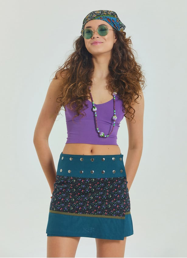 Snap Closure Patchwork Wrapped Floral Skirt 4670